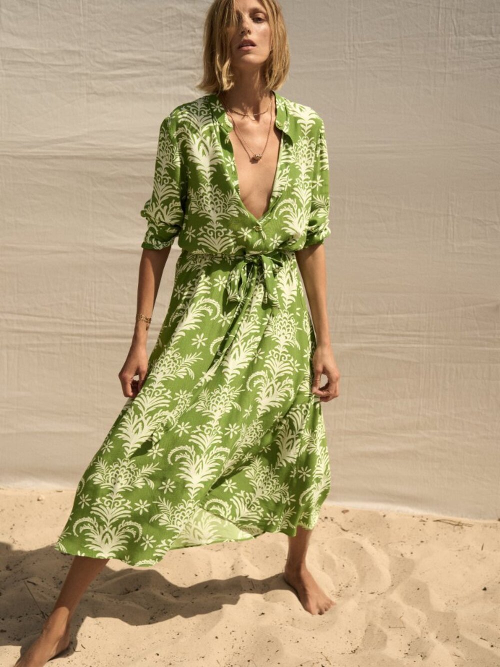 Zara Green White Floral Print Belted Midi Shirt Dress Size L
